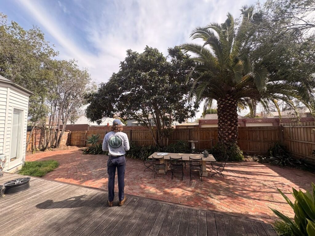 Matthew Fittell, co-founder of TLC, standing on a deck looking over a finished brick courtyard with a large palm